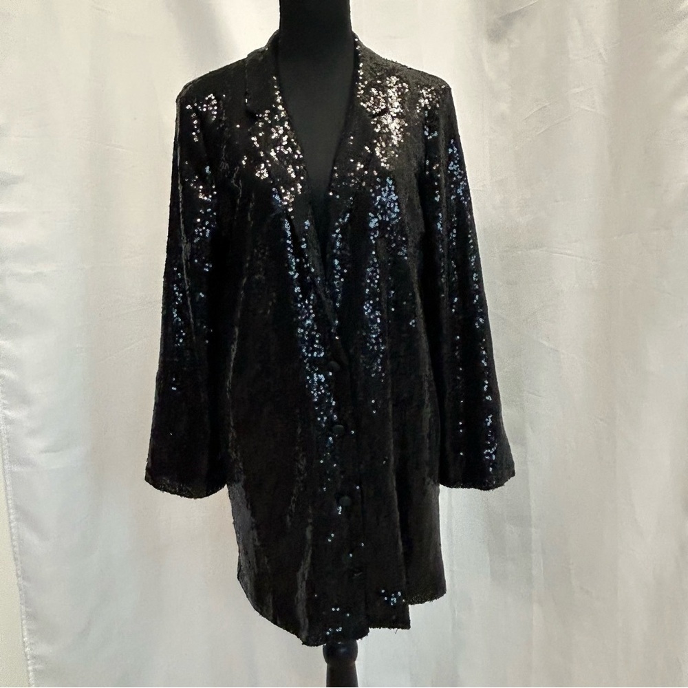 Black sequin sparkly long sleeve single breasted blazer jacket button front L🇨🇦